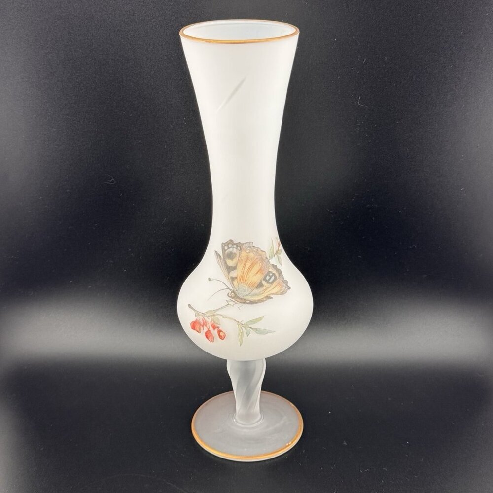 Vintage Bristol White Satin Frosted Glass Vase Whimsical Cottagecore Butterfly